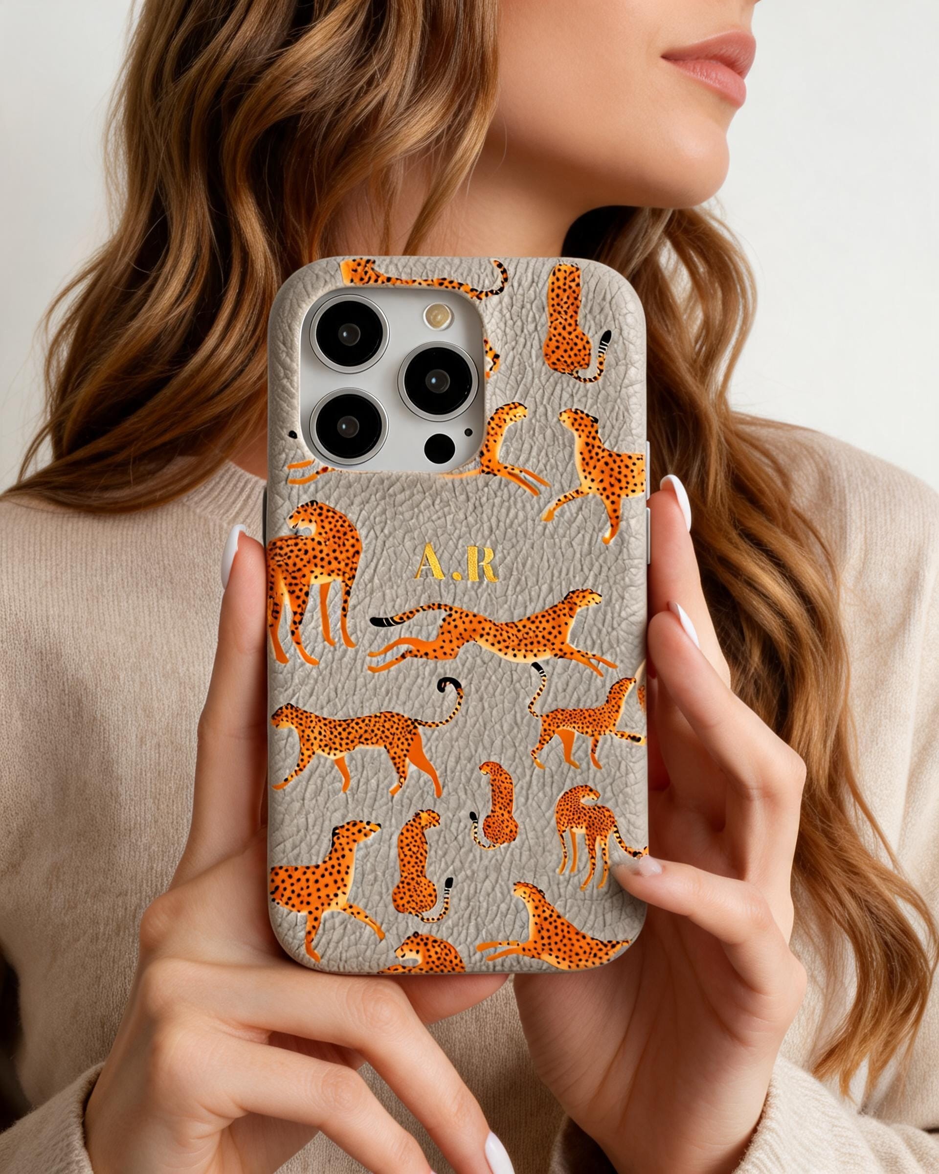 Orange Leopard Personalised Pebble Grain Cases