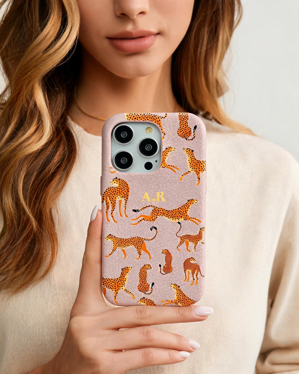 Orange Leopard Personalised Pebble Grain Cases