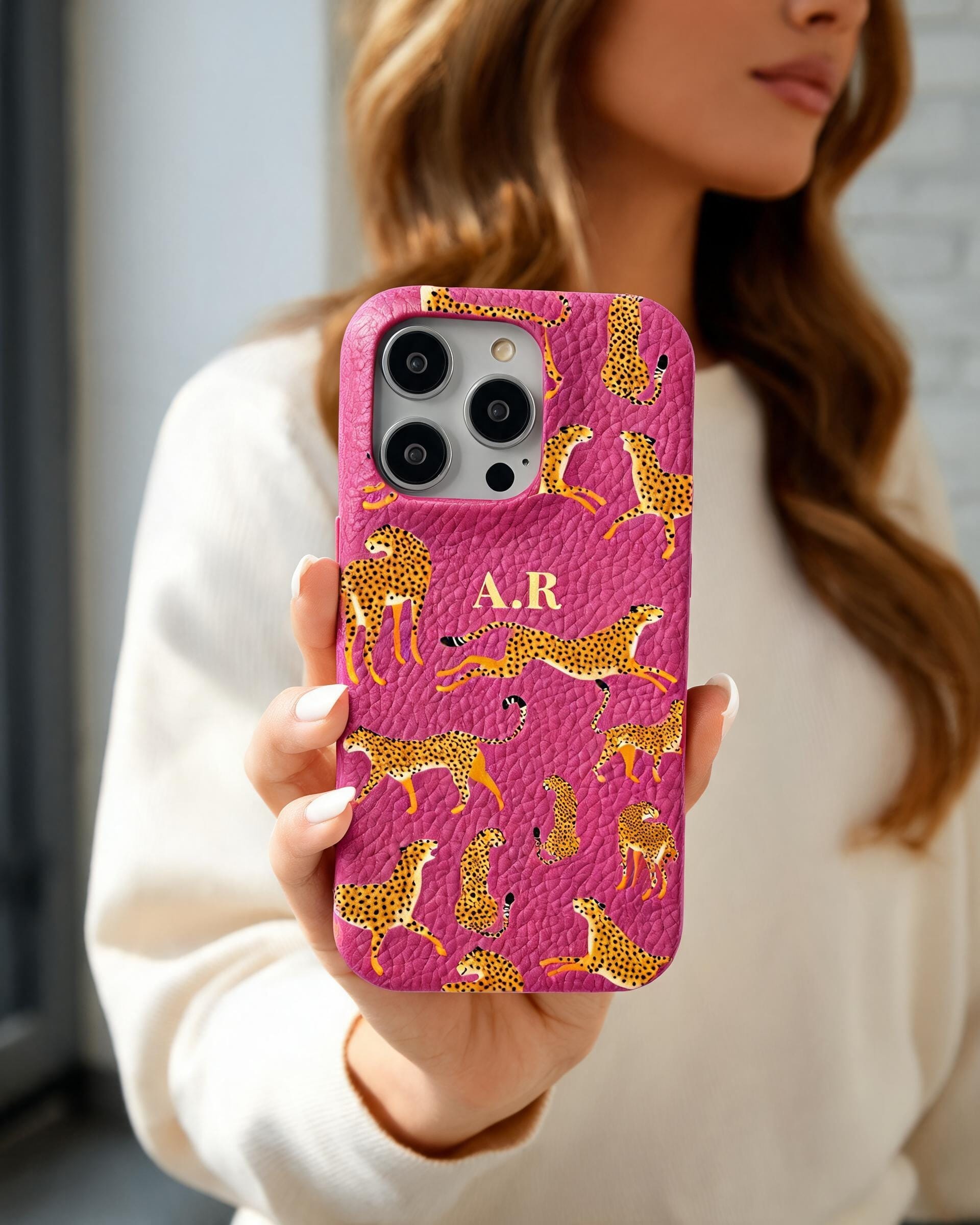 Orange Leopard Personalised Pebble Grain Cases